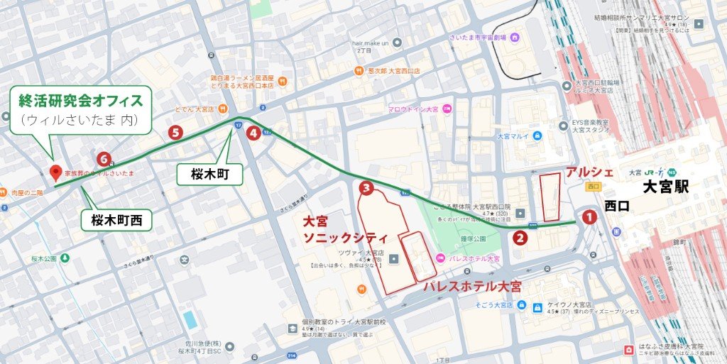 大宮駅西口から終活研究会オフィスまでの徒歩ルート全体図。緑の線が道順、赤い番号1〜6が目印