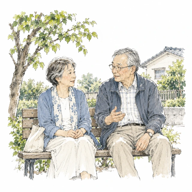 イラスト:公園のベンチで語らう二人