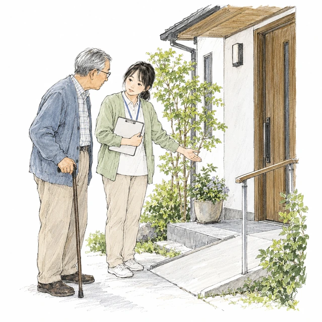 イラスト:住まいの入口で相談する二人