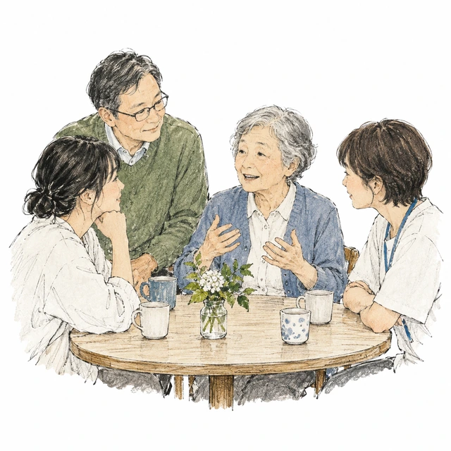 イラスト:本人の話に耳を傾ける支援者たち