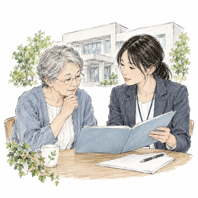 イラスト:これからの支え方について書類を見ながら話す二人
