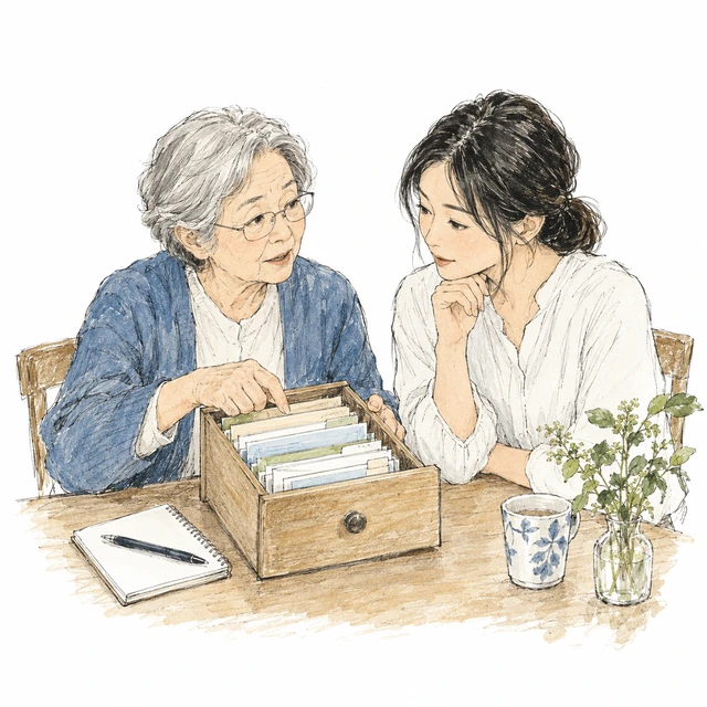 イラスト:大切な書類の保管場所を伝える女性