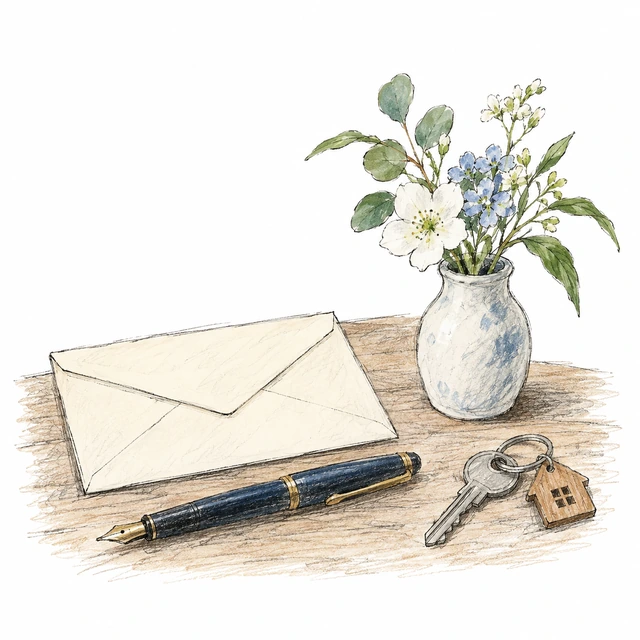 イラスト:静かに置かれた花、封筒、ペンと鍵