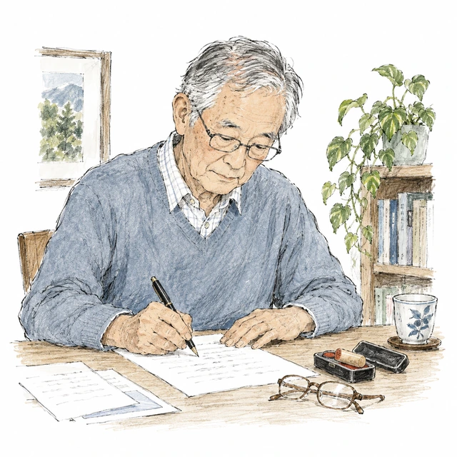 イラスト:落ち着いて書類を書く男性