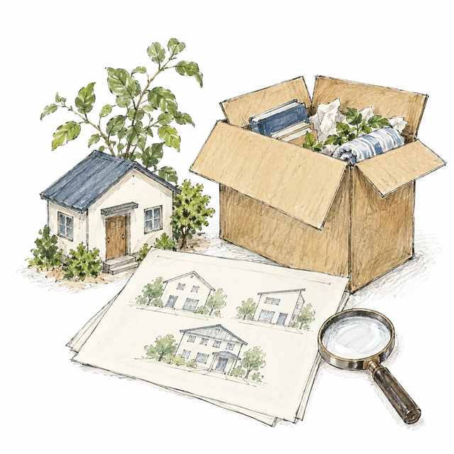 イラスト:住まいの情報を整理するための家、書類、箱