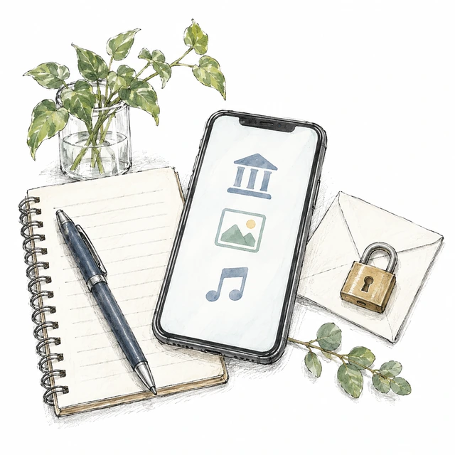 イラスト:スマートフォン、ノートと鍵をかけた封筒