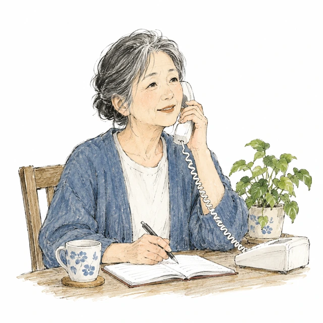 イラスト:ノートを用意して電話で相談する女性