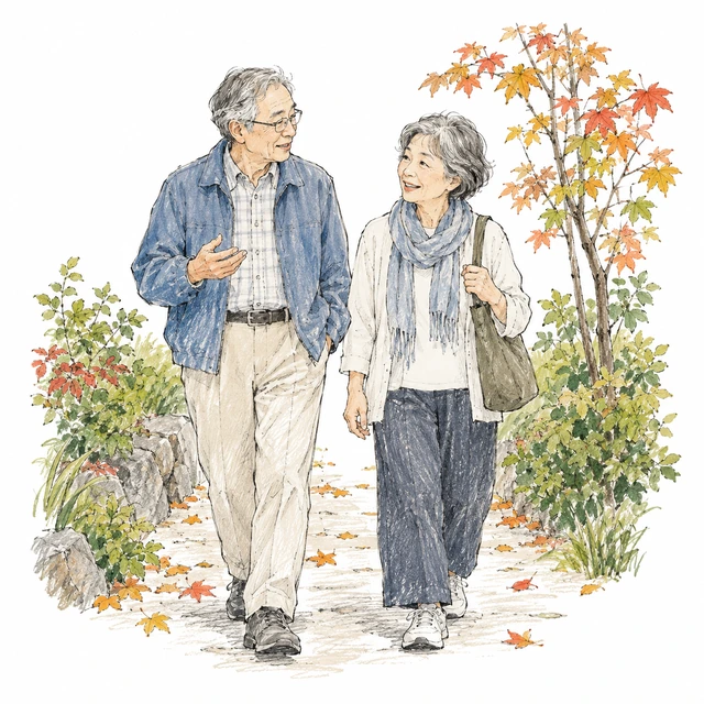 イラスト:並んで歩きながら話す地域の二人